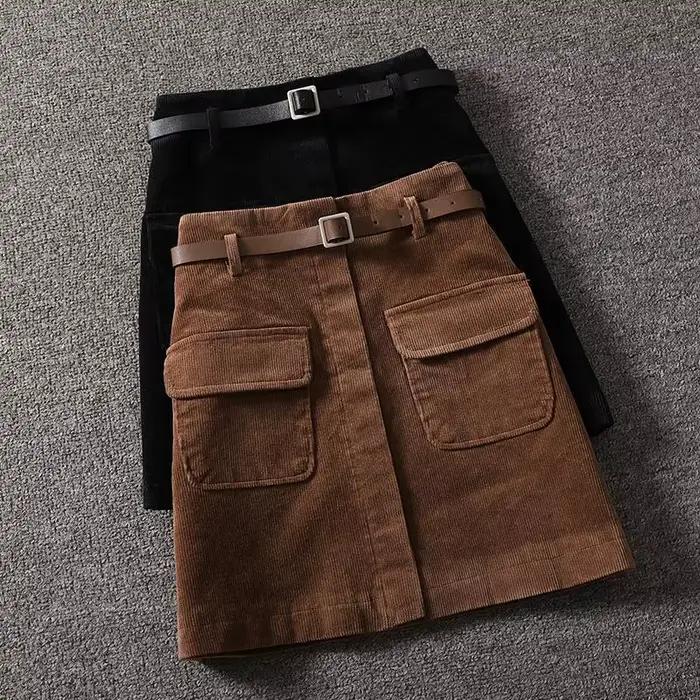 Velluto côtelé taille haute tout-match solide Vintage a-ligne jupe automne hiver poche Patchwork décontracté demi-jupe mode femmes vêtements