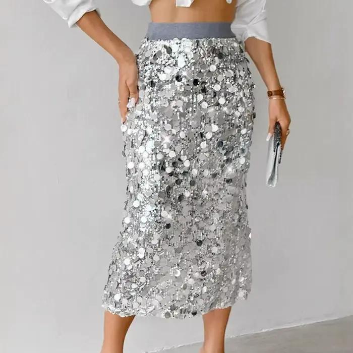 Jupe Sexy à paillettes, taille haute, moulante aux hanches, à la mode, couleur unie, élégante, mi-longue, jupes à paillettes