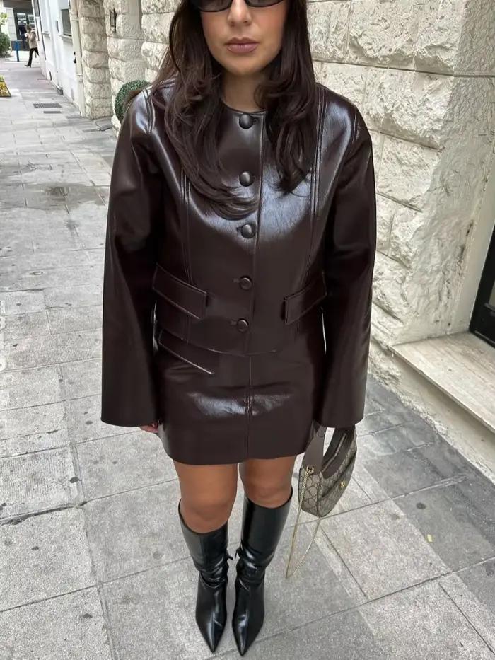 Ensemble de Mini jupe en cuir pour femmes