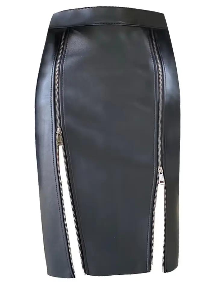 Jupe mi-longue Vintage en Faux cuir noir pour femmes