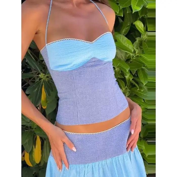 Ensemble jupe femme été rayé colorblock sexy dos nu hauts à lacets taille mi-haute
