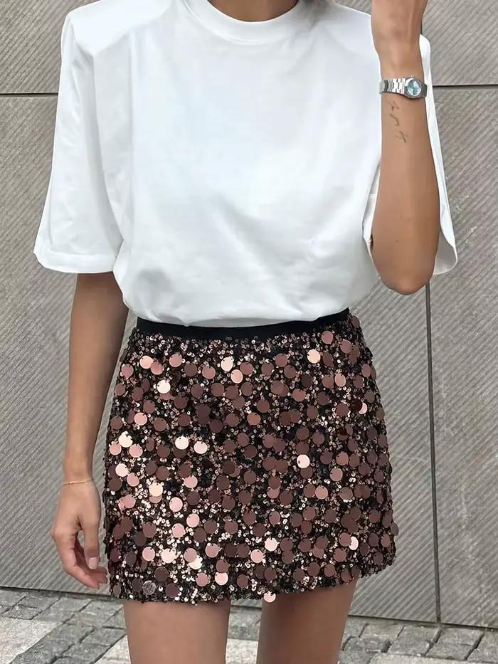 Jupe mini à sequins taille haute pour femme avec de grands détails en paillettes