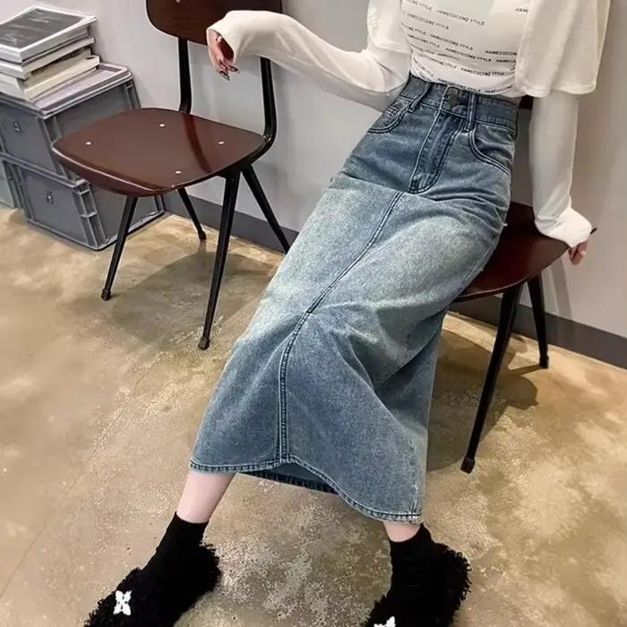 Jupe mi-longue en jean taille haute pour femme