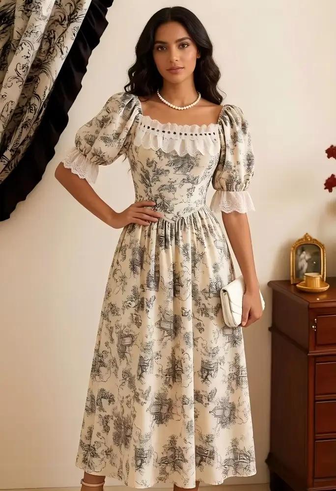 Robe longue vintage imprimé Toile de Jouy pour femme