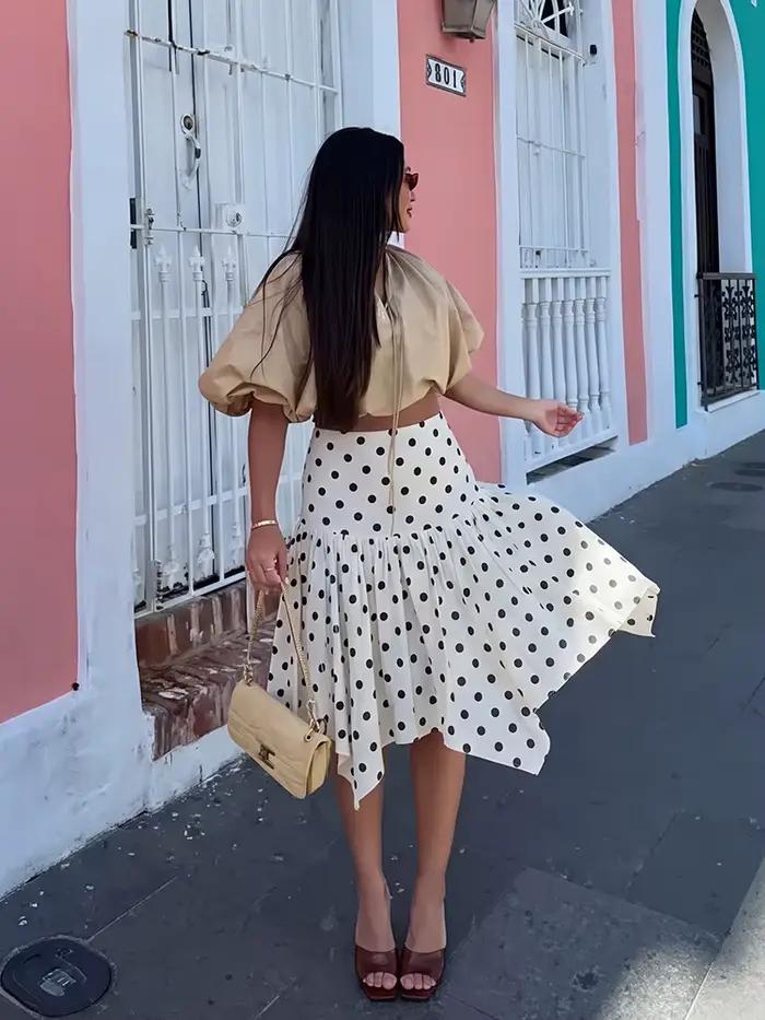 Jupe midi élégante à pois pour femme HH