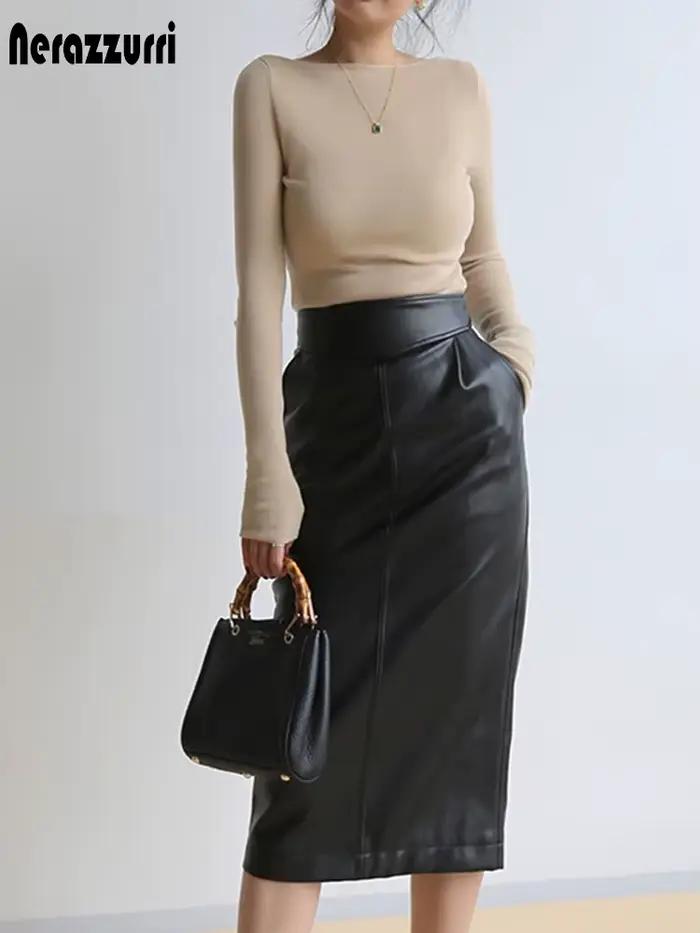 Nerazzurri-Jupe mi-longue en cuir PU pour femme, jupes crayon taille haute, fermeture éclair fendue sur le côté, marron, blanc, noir, printemps, 2023