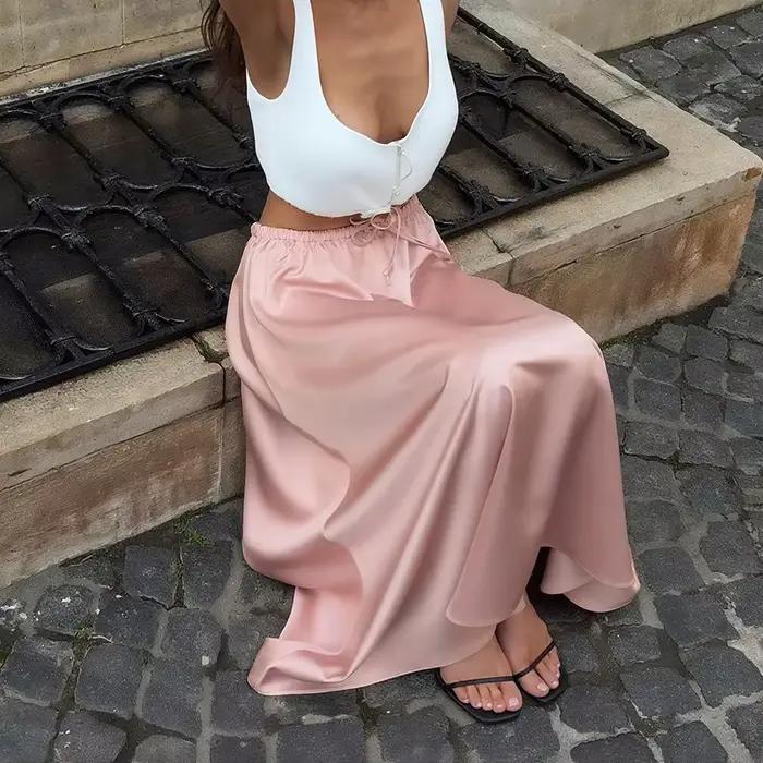 Acétate Satin Maxi jupe a-ligne flux taille haute élégant habillé jupe décontractée luxe fluide tissu automne hiver jupe 2025