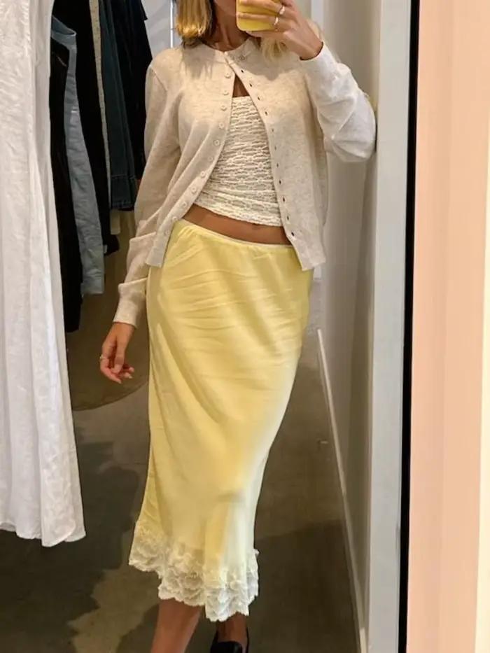 Jupe longue mi-glissante en dentelle avec sous-jupe en satin pour femmes style vintage occasions spéciales été 2025