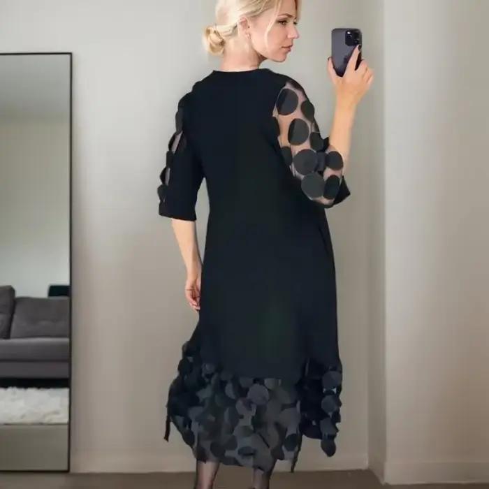 Robe évasée tendance pour les déplacements, couleur unie, col rond, Perspective, points, maille, Patchwork, manches cinq points, jupes mi-longues