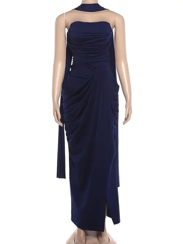 Whatiwear Long Ruban + Maxi Robe Banquet De Mode Plis Élégant Haute Fente Poitrine Wrap D'été Skinny Vacances Doux Parti Vestidos