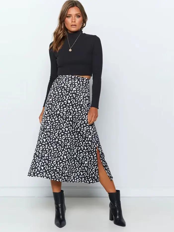 Jupe fendue en mousseline de soie imprimé léopard pour femmes, jupes longues décontractées, fermeture éclair, élégante, sexy, mode féminine, printemps, été, nouveau, 2024