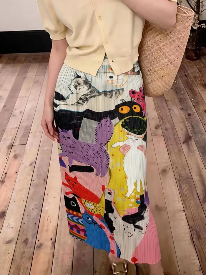 Jupe plissée style Miyake, design de niche, taille haute, imprimé dessin animé, amincissante, pour femme, été