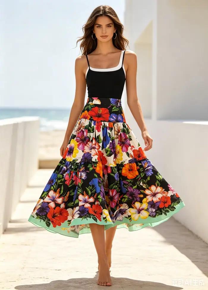 Jupe longue noire à fleurs pour femme, taille haute, à volants superposés, coupe évasée