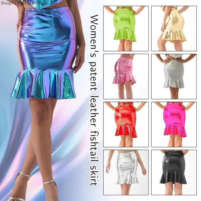 Jupes crayon pour femmes, style clubwear, en cuir verni brillant métallisé, avec ourlet à volants, coupe sirène, pour cocktails, soirées, raves et carnaval