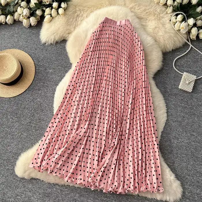 Jupes longues plissées à pois style coréen pour femmes