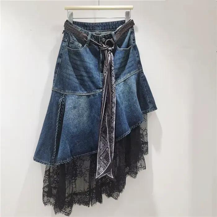 Jupe en jean pour femmes coupe trapèze taille haute avec volants et dentelle pour le travail style Y2K et streetwear occassions spéciales