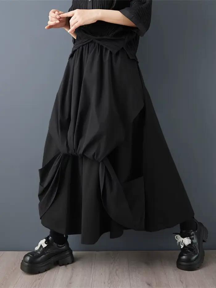 Jupe longue décontractée noire vintage à taille haute avec empiècements plissés pour femme, grande taille, nouvelle collection printemps-été-automne 2026