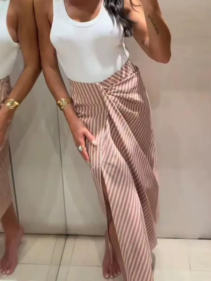 Jupes longues pour femmes Printemps-Été, Mode féminine, Taille haute, Rayées, Plissées, Fendues, Style streetwear, Décontractées, Vintage, Chic