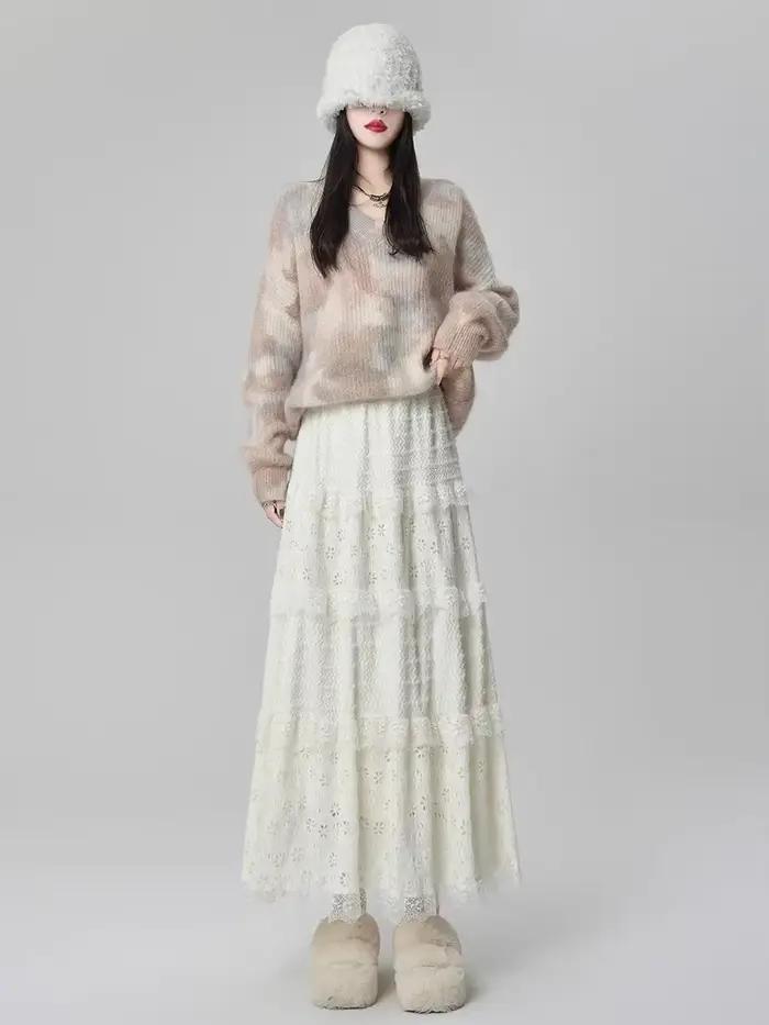 Vent doux taille haute a-ligne dentelle épissage jupe longue femmes conte de fées gâteau