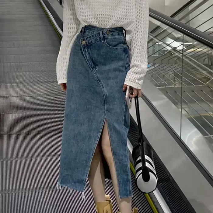 Jupe en jean taille haute fendue sur le devant pour femmes