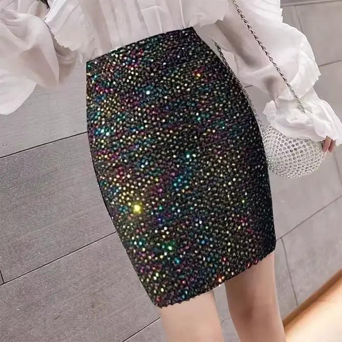 Jupes mi-longues à sequins pour femmes, jupe ronde, taille haute, vêtements élastiques, mode coréenne, chic et élégante, hanche serrée, sexy
