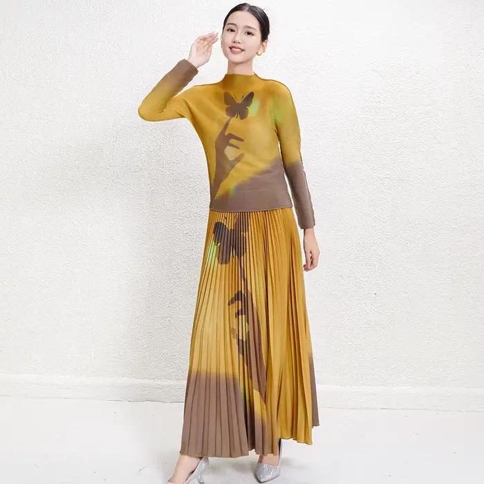 Livraison rapide ensembles de jupes femmes 2 pièces tenues Miyake conception plissée automne ensembles femmes 2025 jupe ensemble pour les femmes