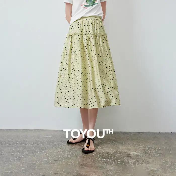 Jupe en Lyocell pour Femme TOYOUTH Été 2026 Vert Clair à Volants Style Rétro Français à Pois Vintage
