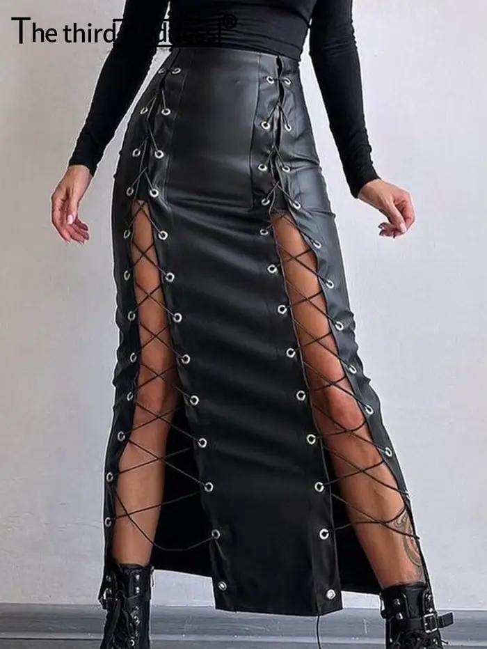 Jupe longue en cuir à lacets noirs sexy pour femmes