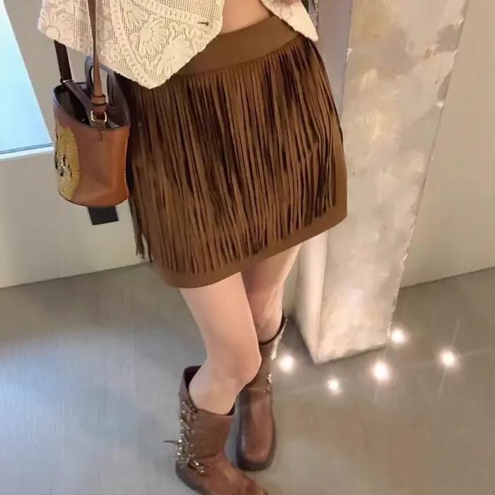 Jupe à franges rétro pour filles, nouvelle jupe Anti-exposition aux hanches, taille haute, Slim, polyvalente, ligne a, automne et hiver
