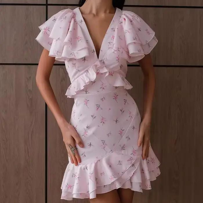 Robe Courte Chic à Imprimé Floral Français