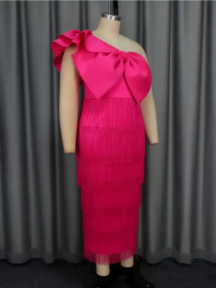 Une épaule frange longues robes pour femmes jaune arc volants manches Empire couches gland soirée anniversaire Cocktail