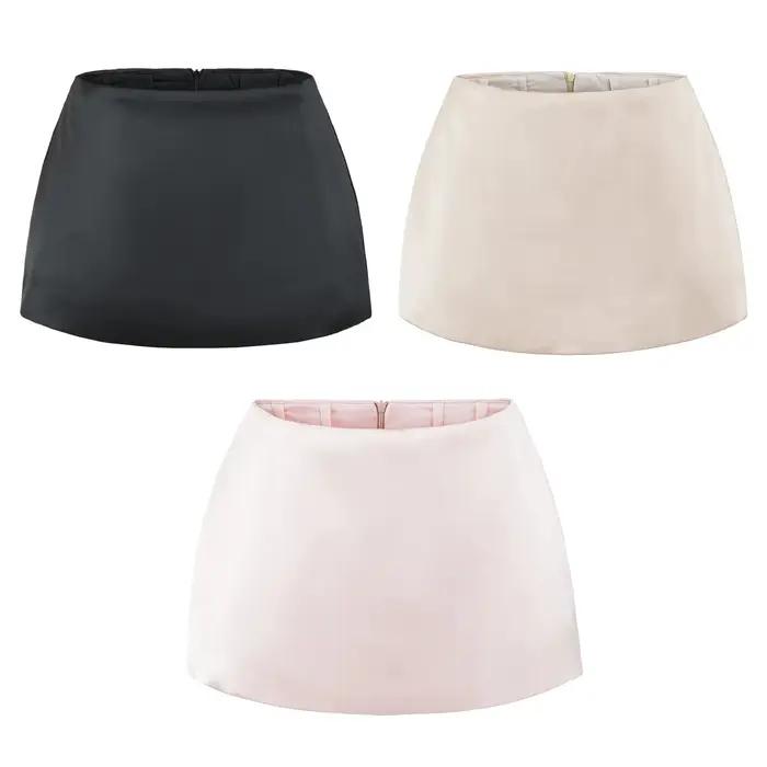 Jupe courte trapèze en satin français taille basse pour femme