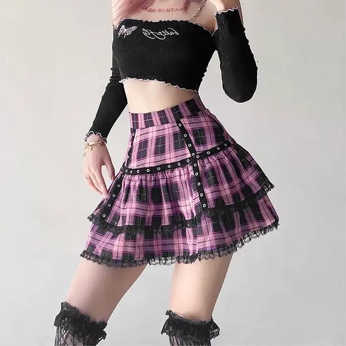 Lolita gâteau Mini jupes gothique japonais Harajuku filles violet rose Plaid jupe plissée Punk doux dentelle Kawaii Cosplay Costume