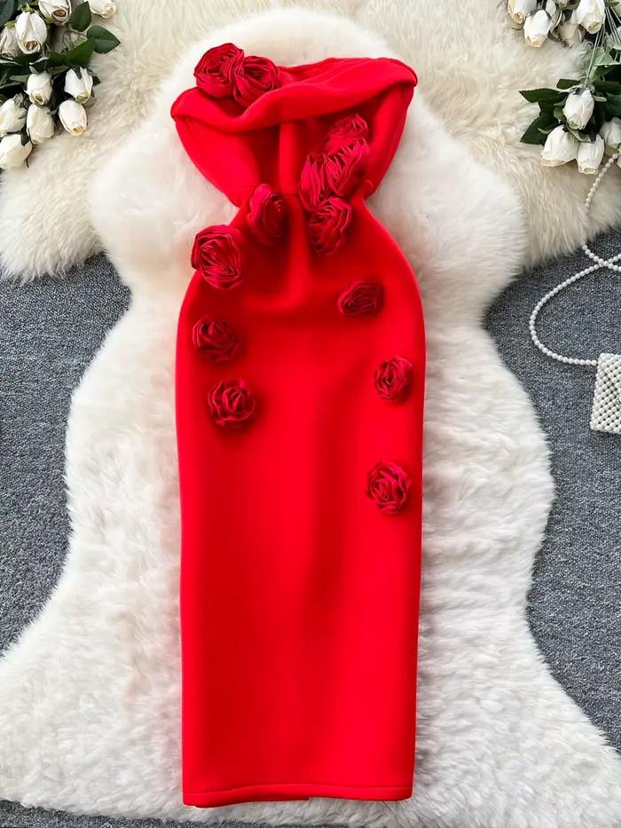 Robe de soirée sans bretelles pour femmes, européenne et américaine, haut de gamme, Socialite lourde, fleur 3D, sans manches, taille Slim, robe crayon