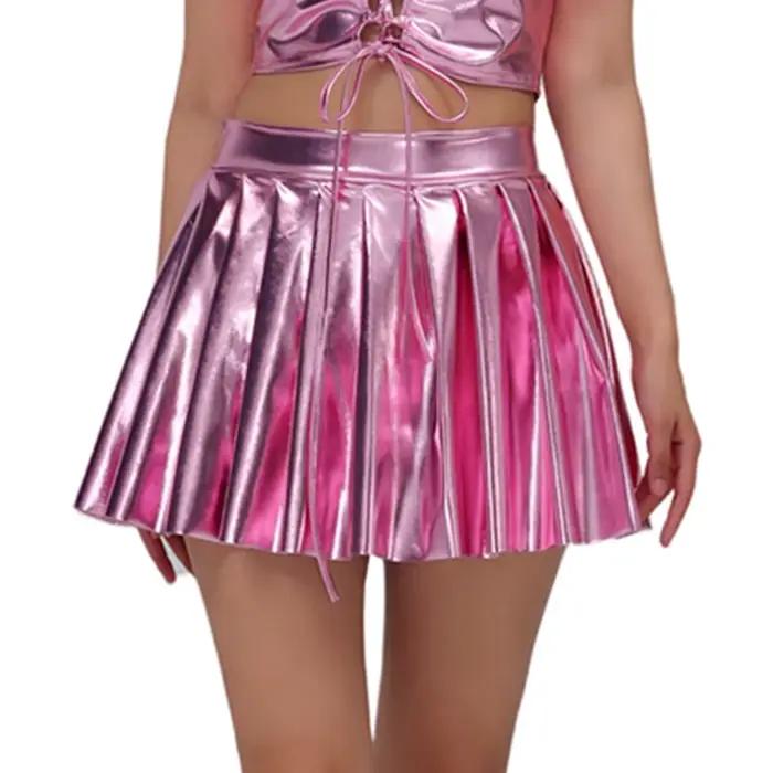 OVIGILY – Mini jupe patineuse plissée évasée brillante pour femmes, jupe métallique à col haut pour adultes, Costumes de Cosplay