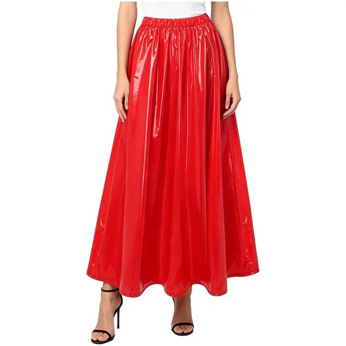 Jupe évasée taille haute pour femme en similicuir effet mouillé, jupe plissée coupe trapèze, jupe longue en vinyle imperméable pour femme, tenue de club