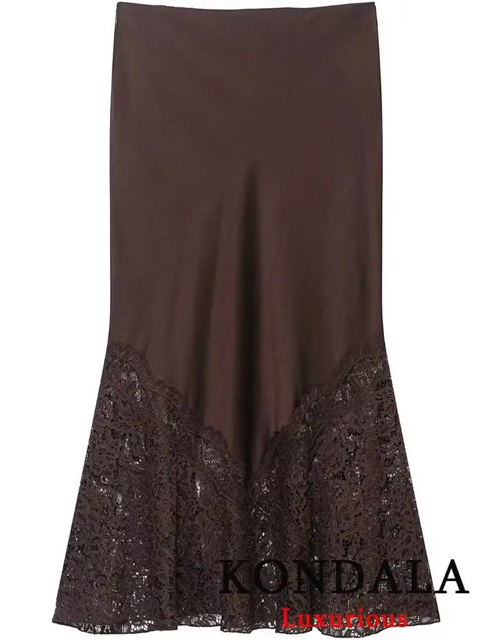 KONDALA Vintage Chic chocolat marron Satin jupes avant fendu dentelle Midi