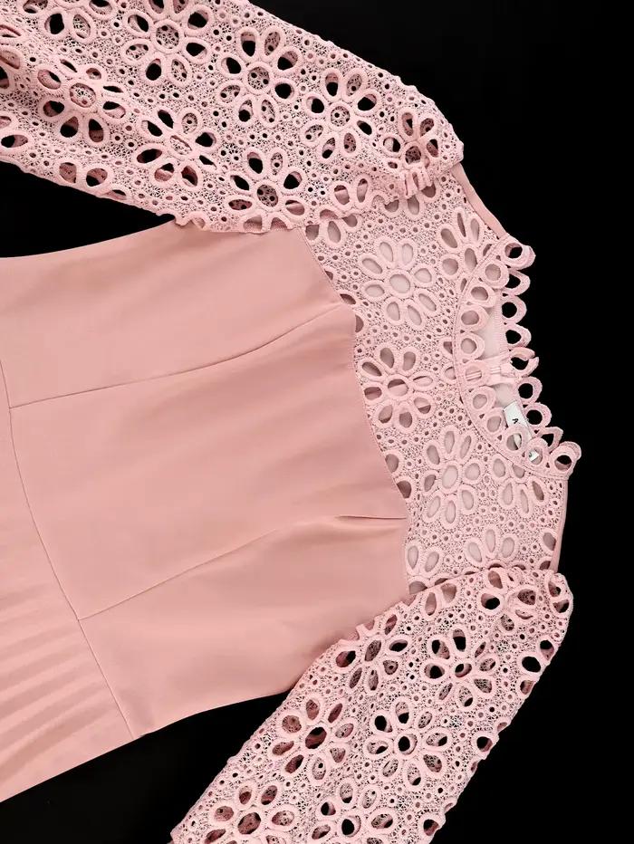 Robe longue plissée en dentelle Patchwork rose, col rond, manches lanternes, élégante, décontractée, tenue de bureau, longueur cheville