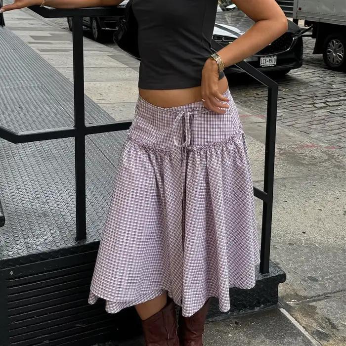Gaono femmes taille basse Plaid jupe Midi à lacets ourlet à volants une ligne
