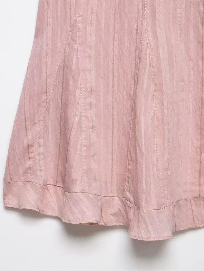 Jupe mi-longue décontractée évasée taille haute rose clair rayée élégante et respirante pour femme – Collection Printemps-Été
