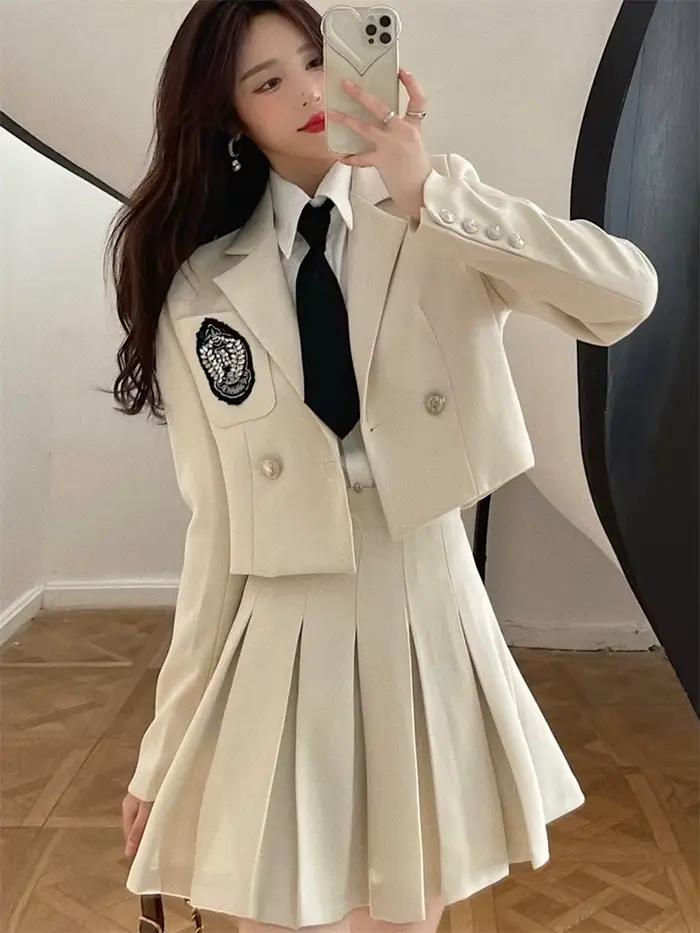 Xgoth Style Preppy jupe ensemble dames Blazer costume + chemise unie avec cravate + taille haute