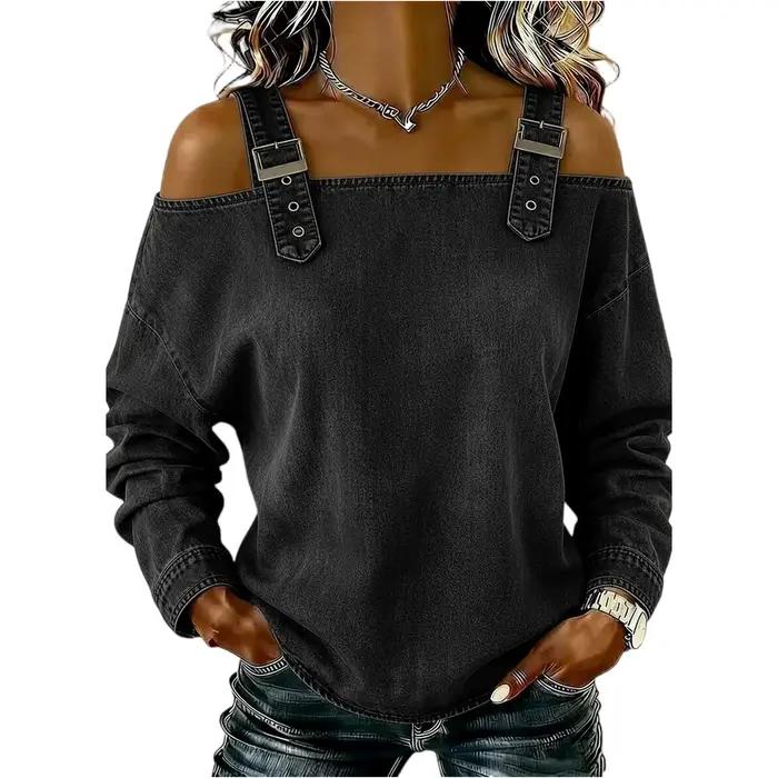 Haut en jean pour femme, haut élégant à épaules dénudées et manches longues avec bretelles, chemise en jean élégante et polyvalente, Streetwear