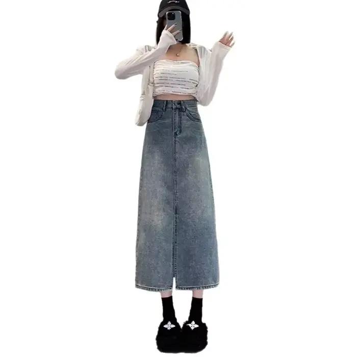 Jupe mi-longue en jean taille haute pour femme