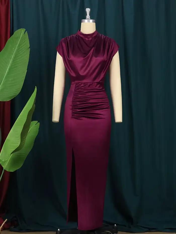 Robe Longue Plissée en Satin Vert Bordeaux pour Femme