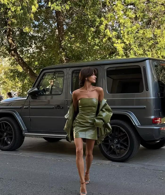Ensemble jupe en cuir vert Vintage pour femmes
