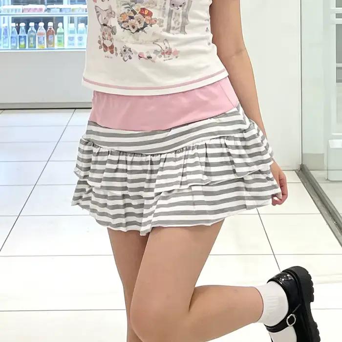 Jupe kawaii vintage pour filles haute couture en fibre de polyester et élasthanne imprimé rayé à manches courtes pour parties et sorties estivales