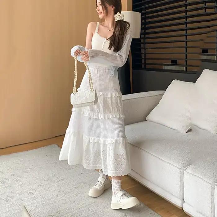 Jupe longue gâteau à volants blancs pour femmes