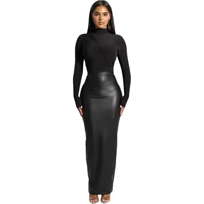 2025 PU jupe Midi mode Sexy femmes taille haute élastique longue