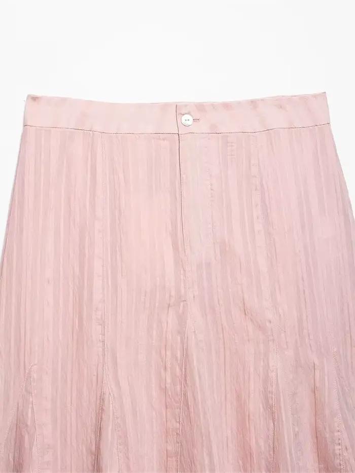 Jupe mi-longue décontractée évasée taille haute rose clair rayée élégante et respirante pour femme – Collection Printemps-Été