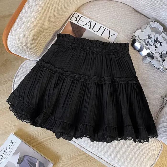 Mode coréenne taille élastique jupes plissées femmes été couleur unie dentelle Mini jupe femme douce une ligne Shorts